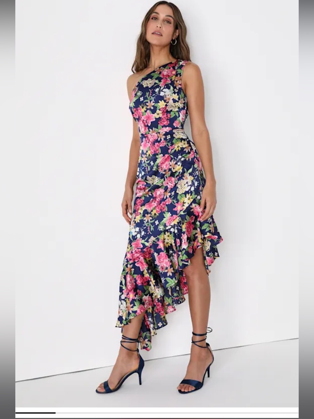 Lulu's Navy One-Shoulder Floral Ruffle Midi Dress with Pink & Green Bloom